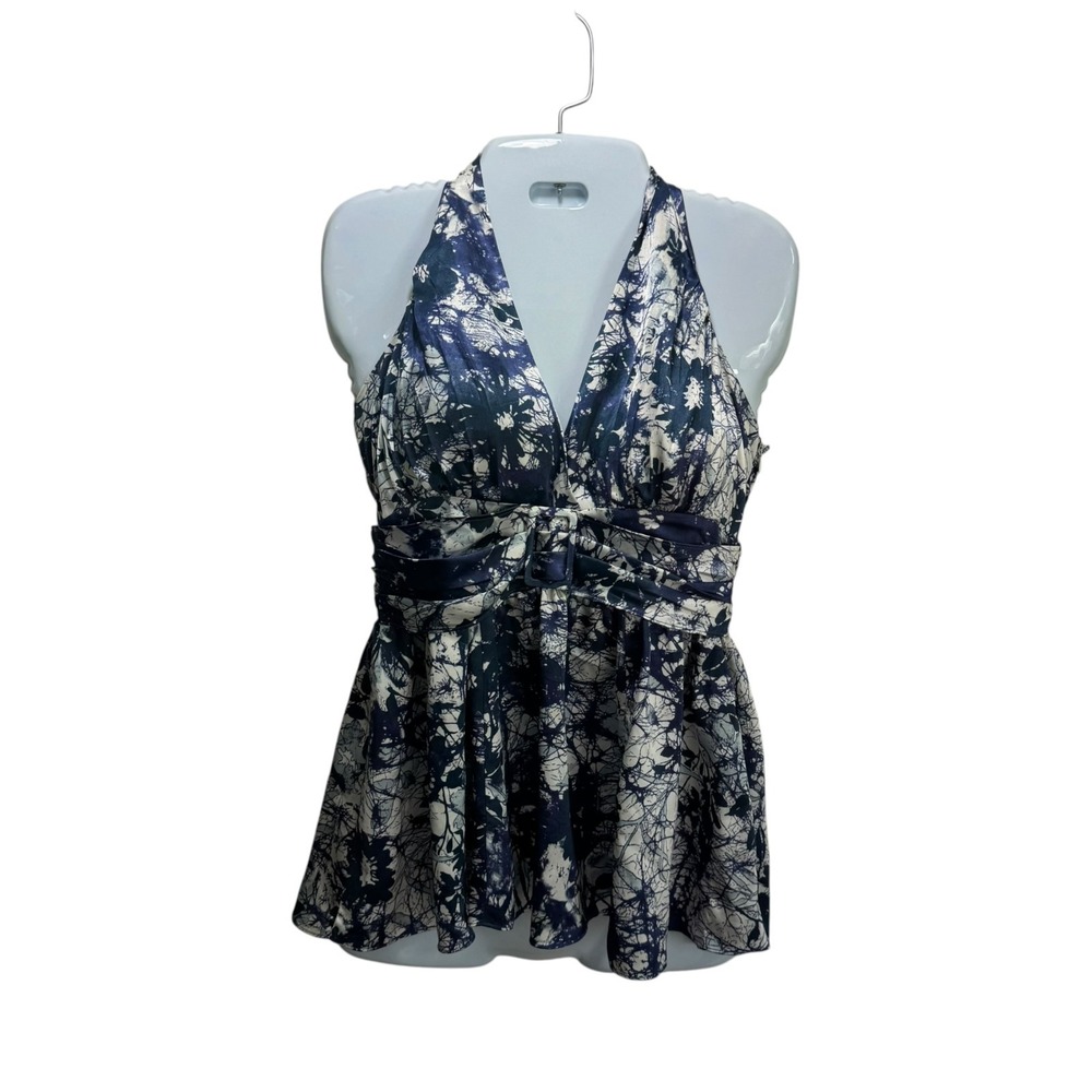 Michael Kors Chiffon Halter Babydoll Cottagecore Y2K Top XS Blue Adjustable Zip